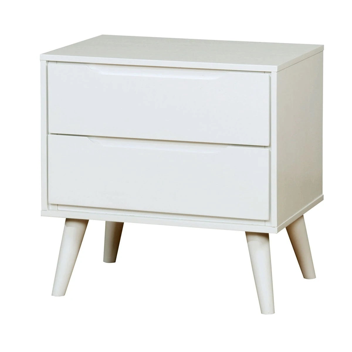 Mid-Century Modern White Color 1pc Nightstand Bedroom Furniture Solid wood Round Tapered Legs 2-Drawers Bedside Table