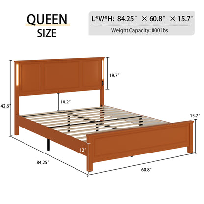 Queen Size Bed Frame,  Platform Bed Frame with Wood Headboard and Footboard,Charging Station and LED Lights, 12 Wood Slats Support, No Box Spring Needed , Brown