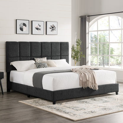 King Size Grey Squares Upholstered Platform Bed