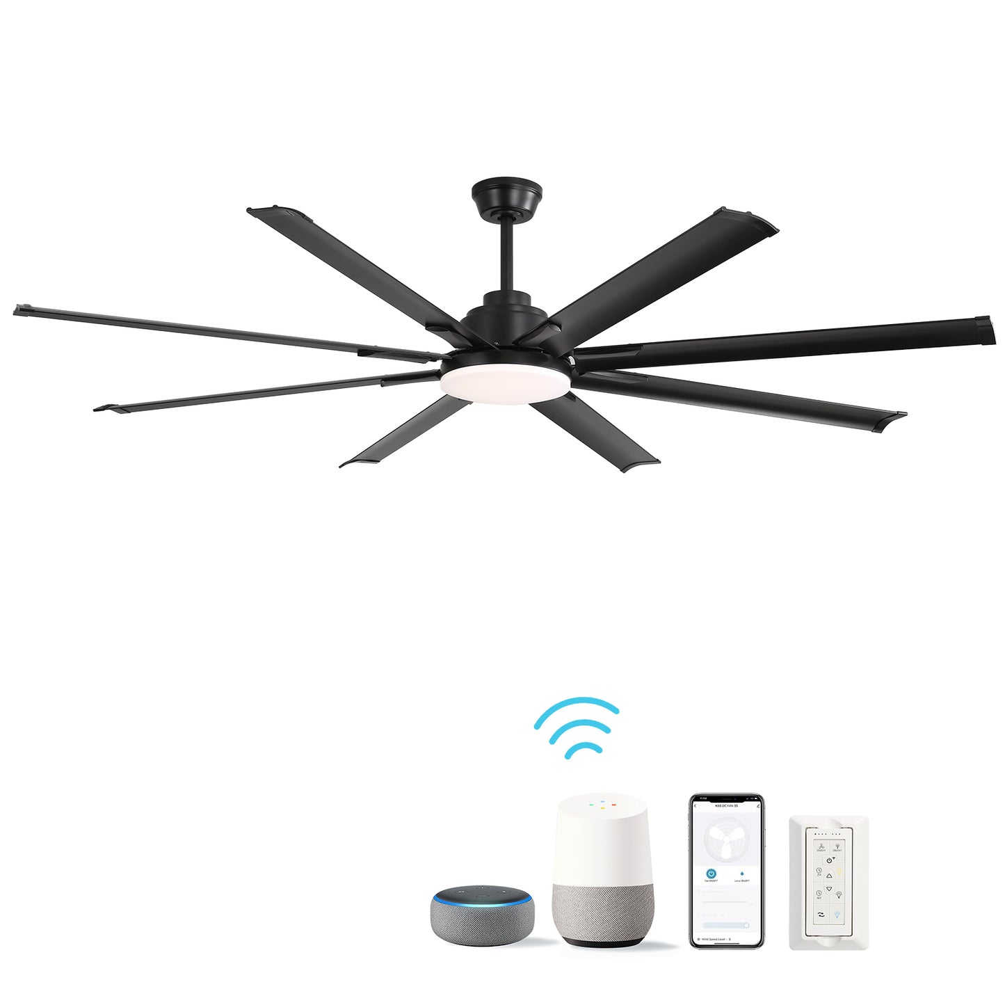 72 Inch Modern Large Design Ceiling Fans With Smart Remote Control 6 Wind Speed DC Motor Black for Living Room