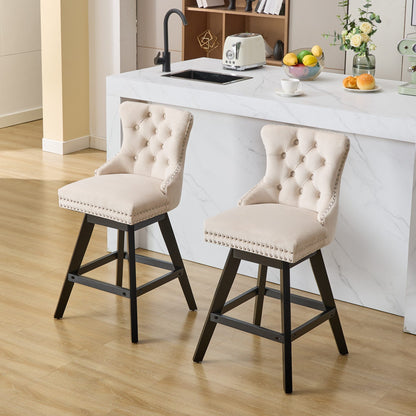 Swivel Velvet Barstools with Button Tufted Decoration and Wooden Legs, and Chrome Nailhead Trim, Leisure Style Bar Chairs,Bar stools, Set of 2 (Beige),SW1860BG