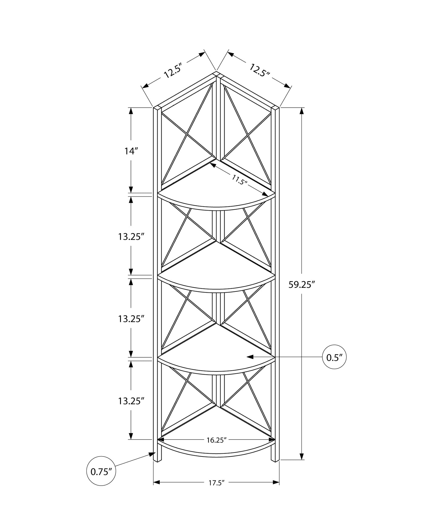 Bookshelf, Bookcase, Etagere, Corner, 4 Tier, 60"h, Office, Bedroom, Black Marble Look Laminate, Black Metal, Contemporary, Modern