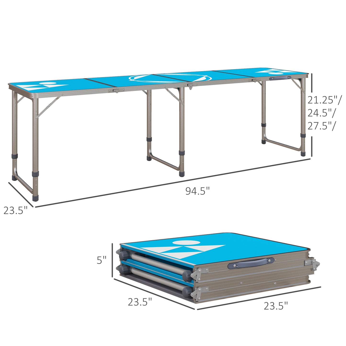 Outsunny 8ft Portable Beer Pong Table with Adjustable Legs, Folding Camping Table, Aluminum Picnic Table, for Party, Travel, BBQ, Beach, Blue and White