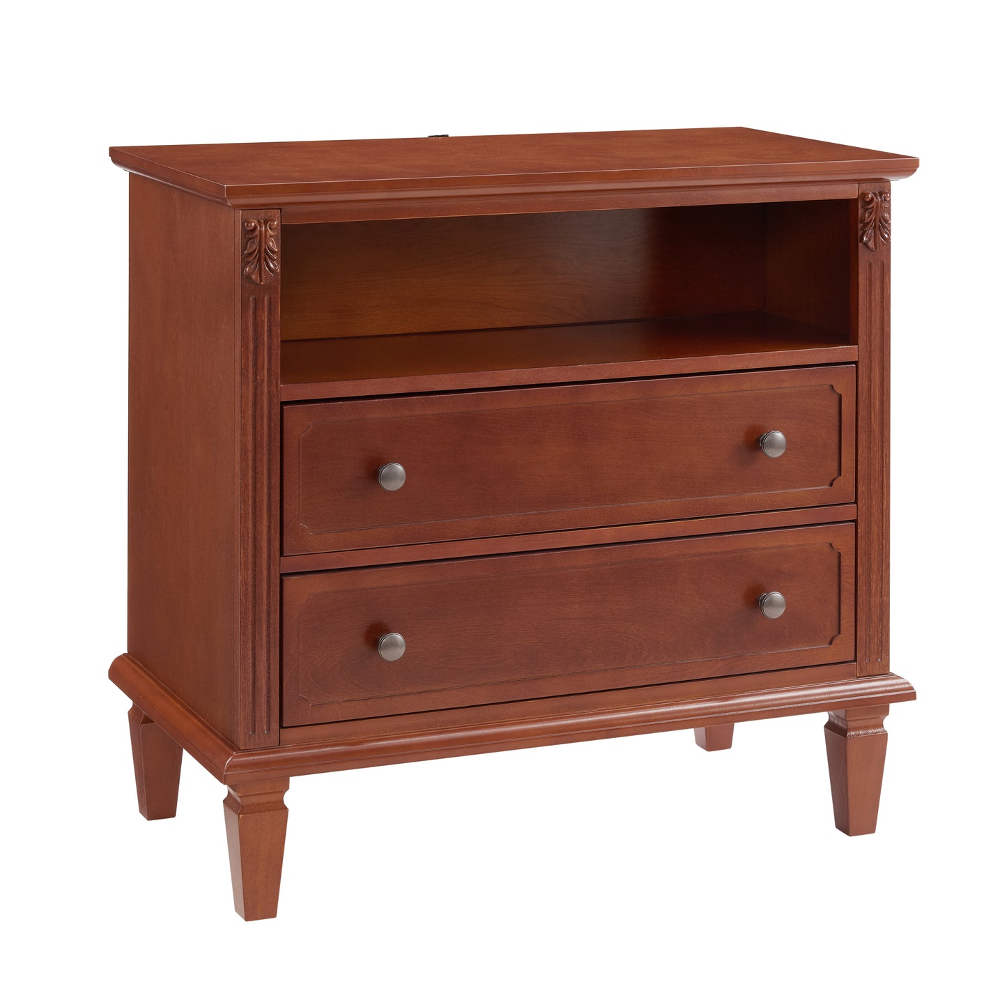 Open Space and 2 Drawers Dresser Nightstand with Charging Station, Farmhouse End Table with USB Ports and Outlets, Fluted Pilasters Design Side Table with Solid Wood Legs for Bedroom