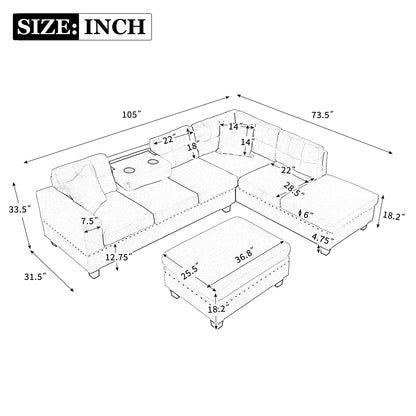 105" Modern Sectional Sofa with Storage Ottoman, L-Shape Couch with 2 Pillows and Cup Holder,Sectional Sofa with Reversible Chaise for Living Room,Light Gray