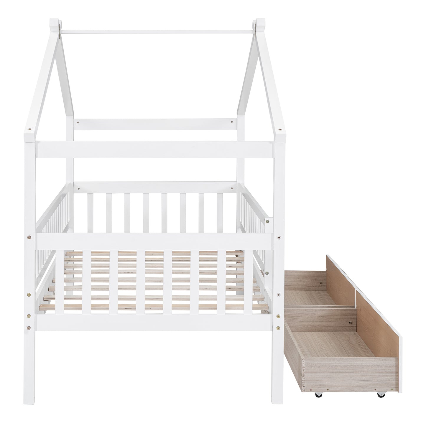 Twin Size Wooden House Bed with Two Drawers, White