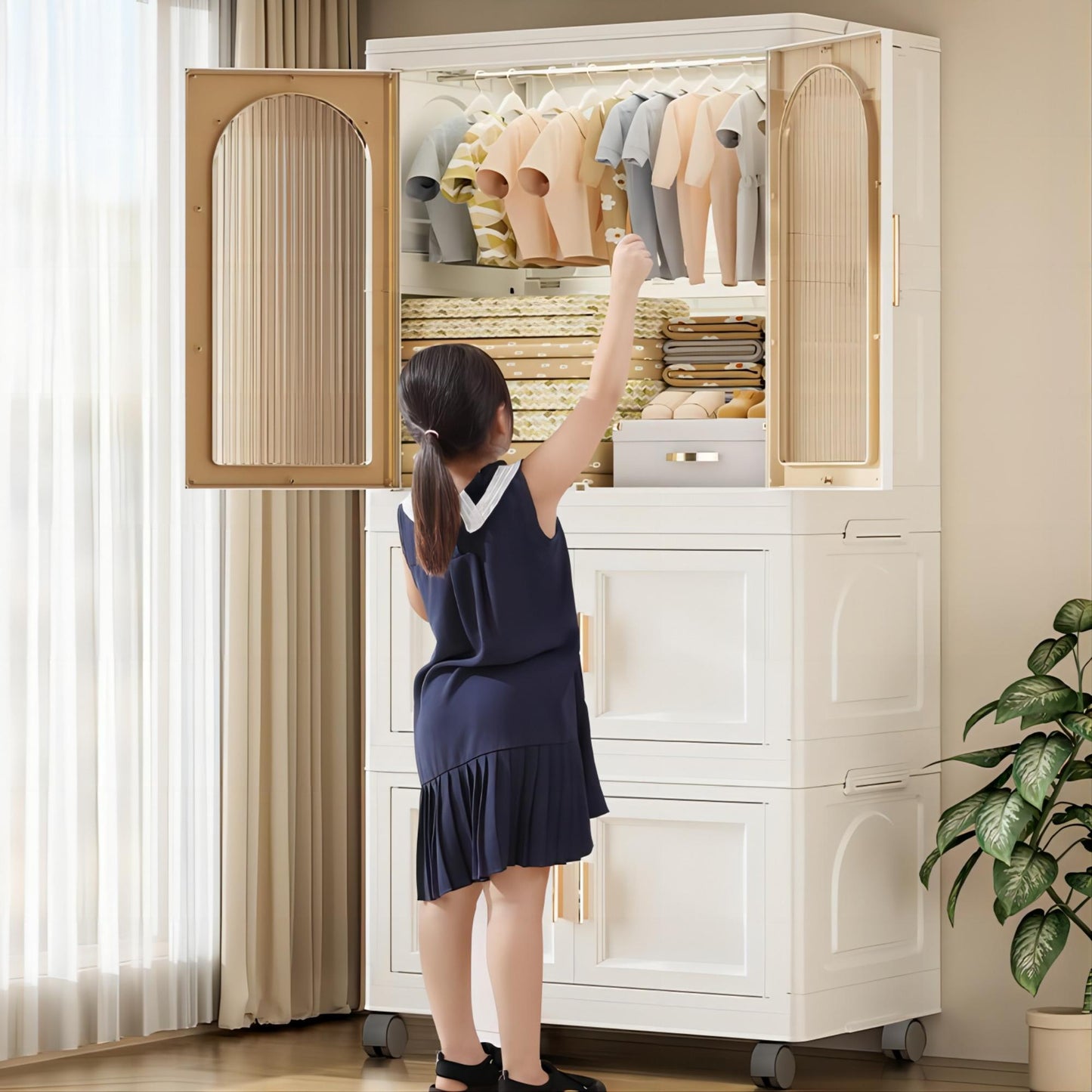 25.59" Side Wide Folding Wardrobe , 25.59"×15.75"×57.09",  with Magnetic Door, Plastic Storage Cabinet with Wheels( one layer of wardrobe + two layers of  folding boxes+10 hangers )