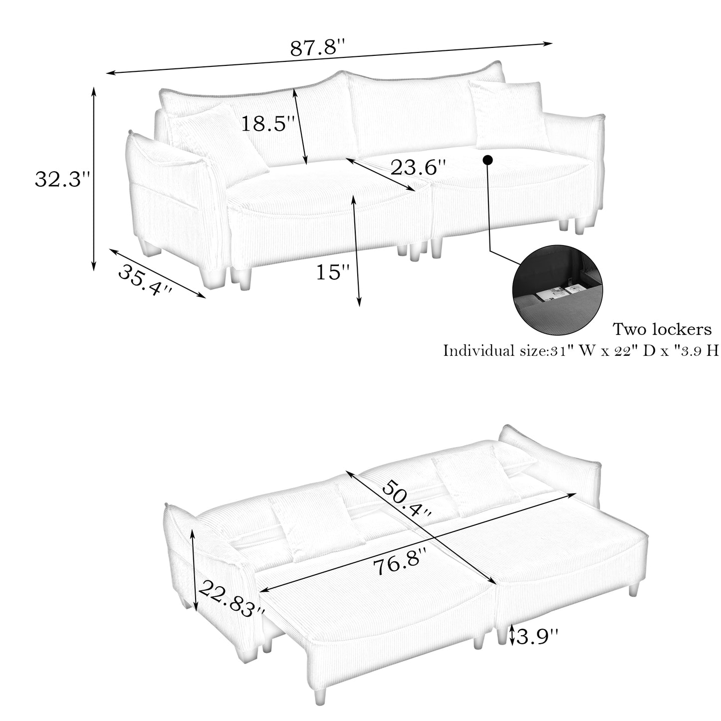 Sofa Crafted in Beige Corduroy Fabric, Effortlessly Converts to Sofa Bed with Two Throw Pillows: Ideal for Living Rooms & Multiple Settings