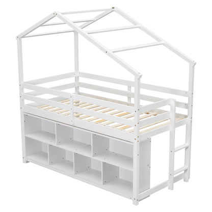 Twin House Loft Bed with Roof Frame, Under Bed Shelving Storage Unit, Guardrails, Ladder,White