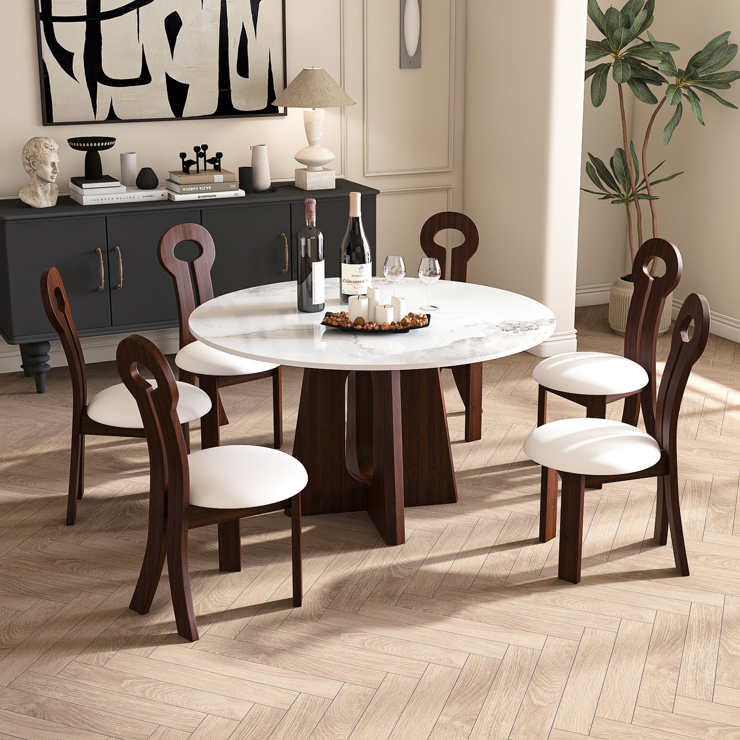 Modern Marble Dining Table, 53' Sintered Stone Round Dining Table with Solid Wood Walnut Base, Sturdy Cross Design for 4-6 People-Walnut (with 6 Chairs)