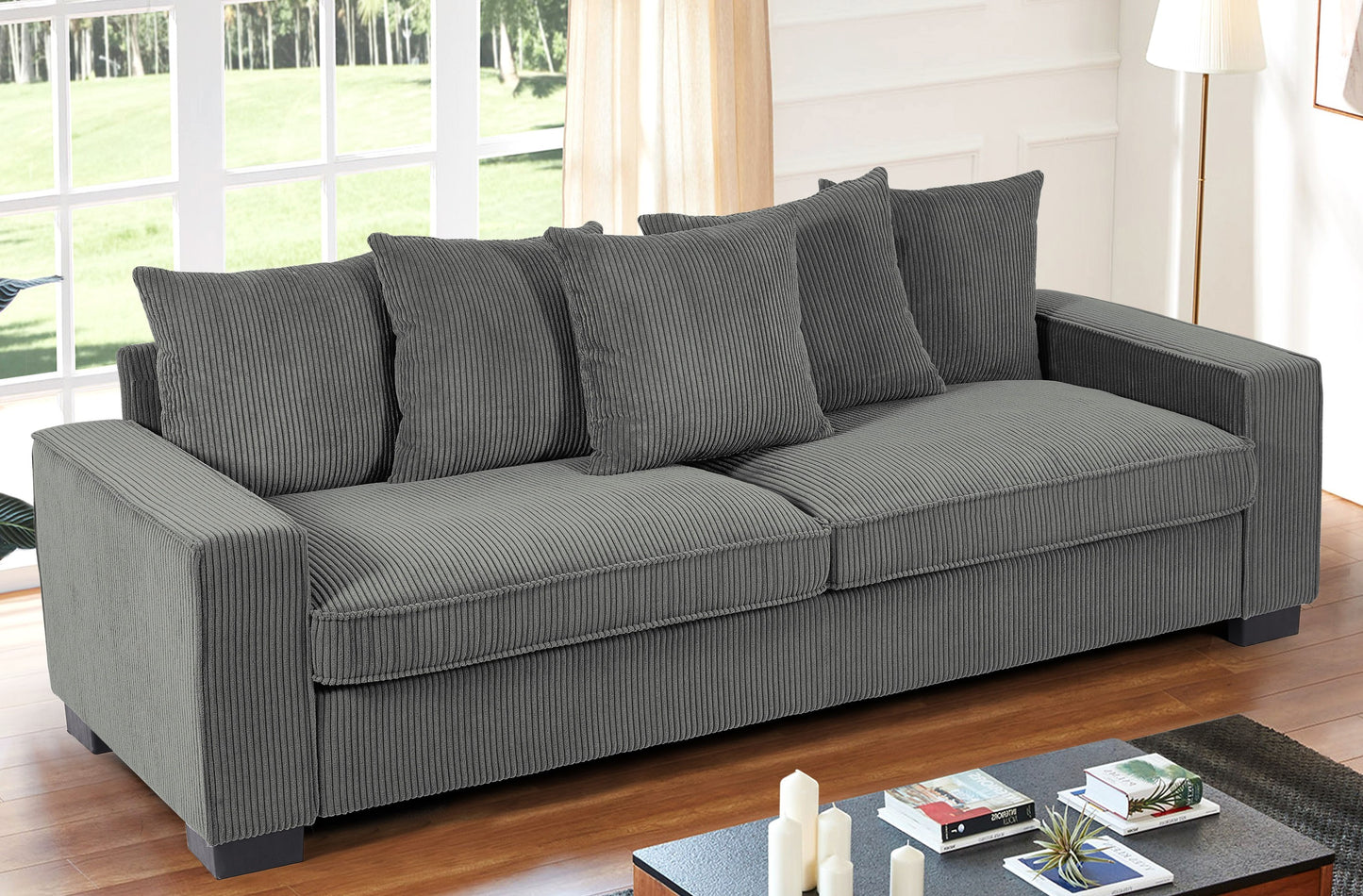 Luxe Corduroy Sofa with 5 Matching Toss Pillows, Sleek Design, Spacious and Comfortable 3 Seater Couch for Modern Living Room, Large, Grey