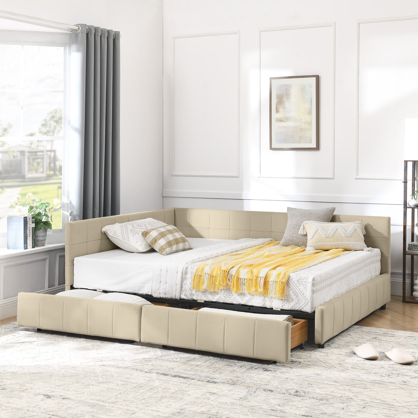 Full Size Storage Upholstered Tufted Bed Frame, Sofa Bed Frame with Comfortable Backrest and Armrests, Full Size Bed for Bedroom, Living Room,Velvet, BEIGE(80.5''*59''*29.5'')