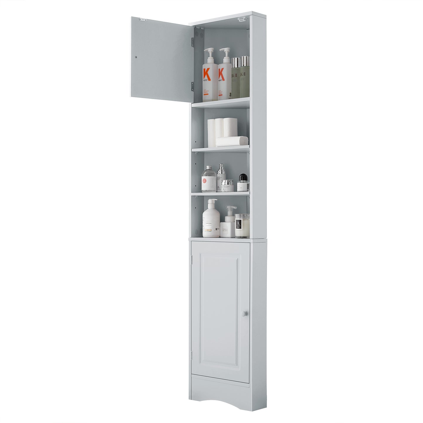 Multi-Functional Corner Cabinet Tall Bathroom Storage Cabinet with Two Doors and Adjustable Shelves, Open Shelf, Grey