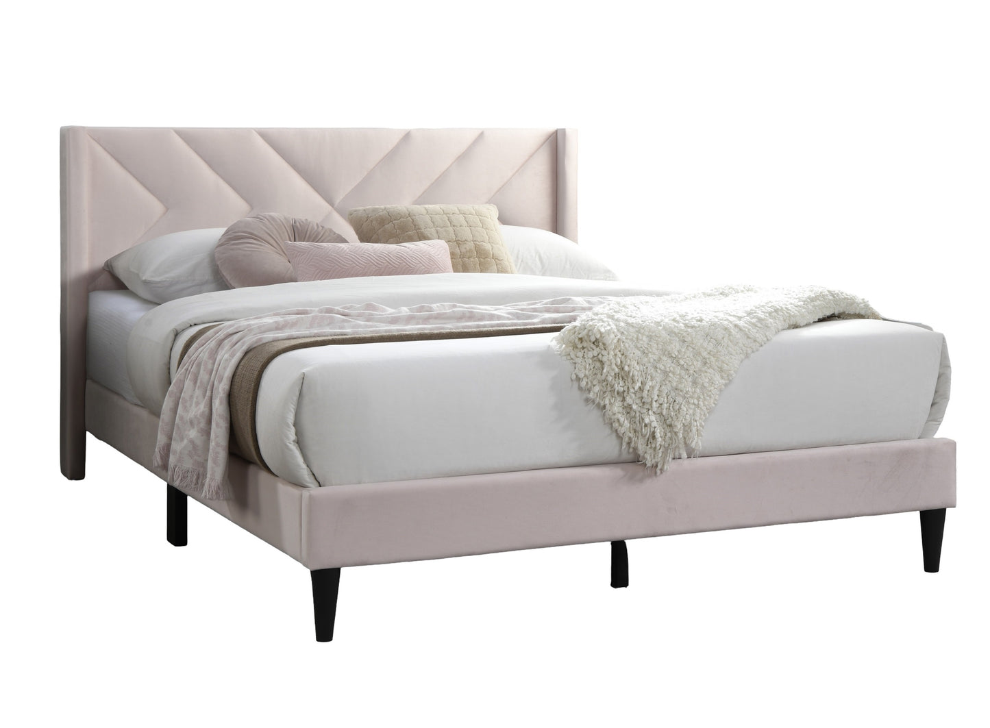 Elegant Modern Light Pink Velvet Upholstered Queen Size Bed Clean Lines Design Headboard 1pc Bedframe