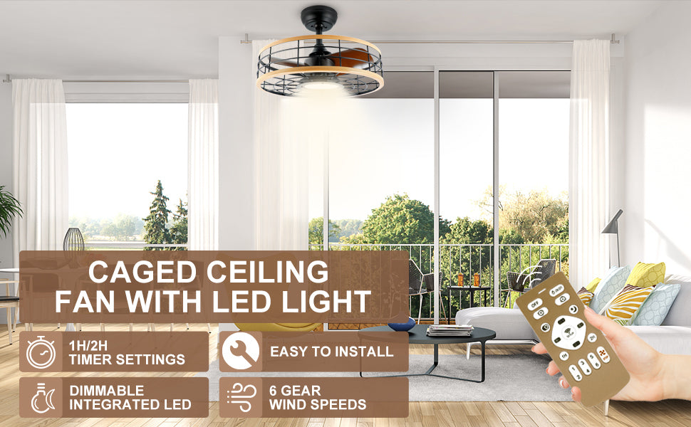 InfiniPower 16'' ceiling fans with lights and remote, Caged Ceiling Fan with Reversible Motor for Different Seasons, Quiet and Energy Saving, 6 level Speeds