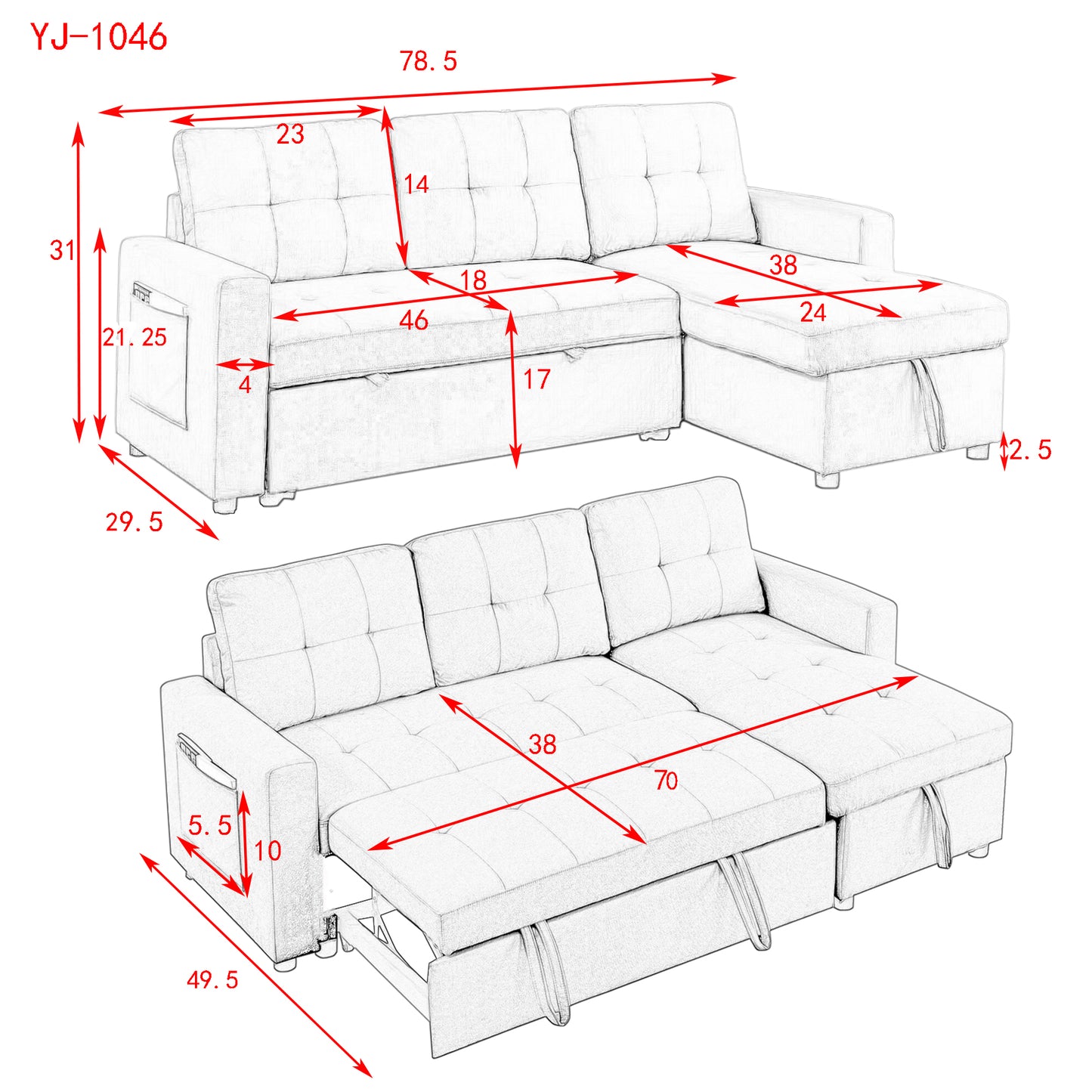 MH 78.5" Sleeper Sofa Bed Reversible Sectional Couch with Storage Chaise and Side storage bag for Small Space Living Room Furniture Set