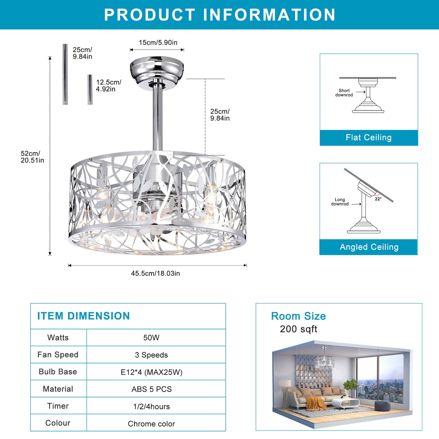 18'' Decor Forward Reverse 5 Blades Ceiling Fan Lamps,Cage Closed  Industrial Style Vintage Fan Ceiling Fan with 3 Speeds Adjustable for Living Room, Bedroom, Kitchen