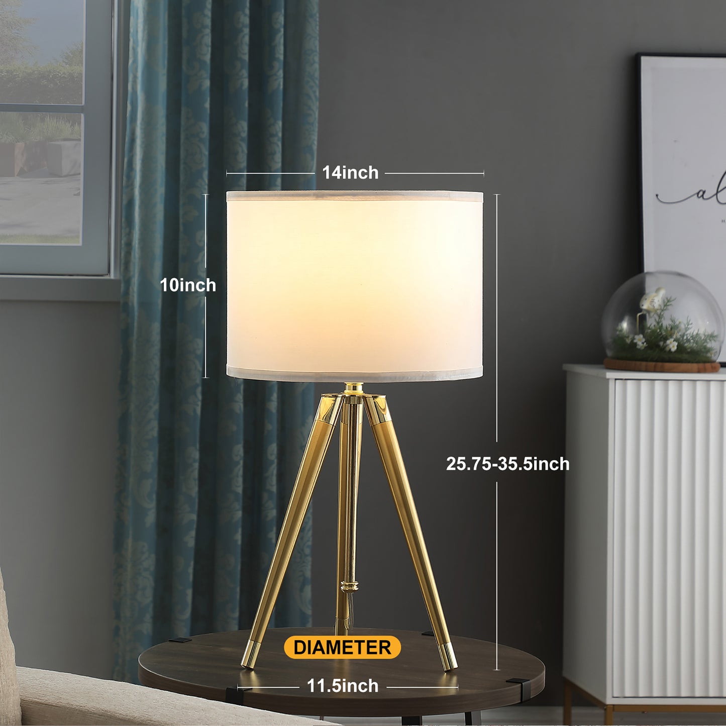 35.5" - 25.75"H Adjustable Hieght Brass/Shiny Gold Modern Tripod Table Lamp for Living Room, Nightstand Bedside Table Lamp for Bedroom, LED Lamp