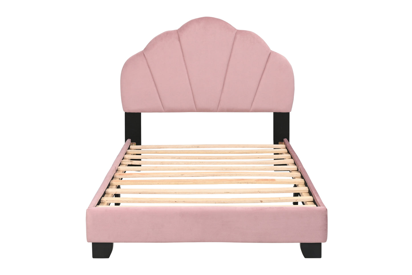 Upholstered Twin Size Platform Bed for Kids, Wooden Bed Frame with Slatted Bed Base, No Box Spring Needed, Cute Bed Frame with Shell Design Headboard for Girls Boys Teens, Pink