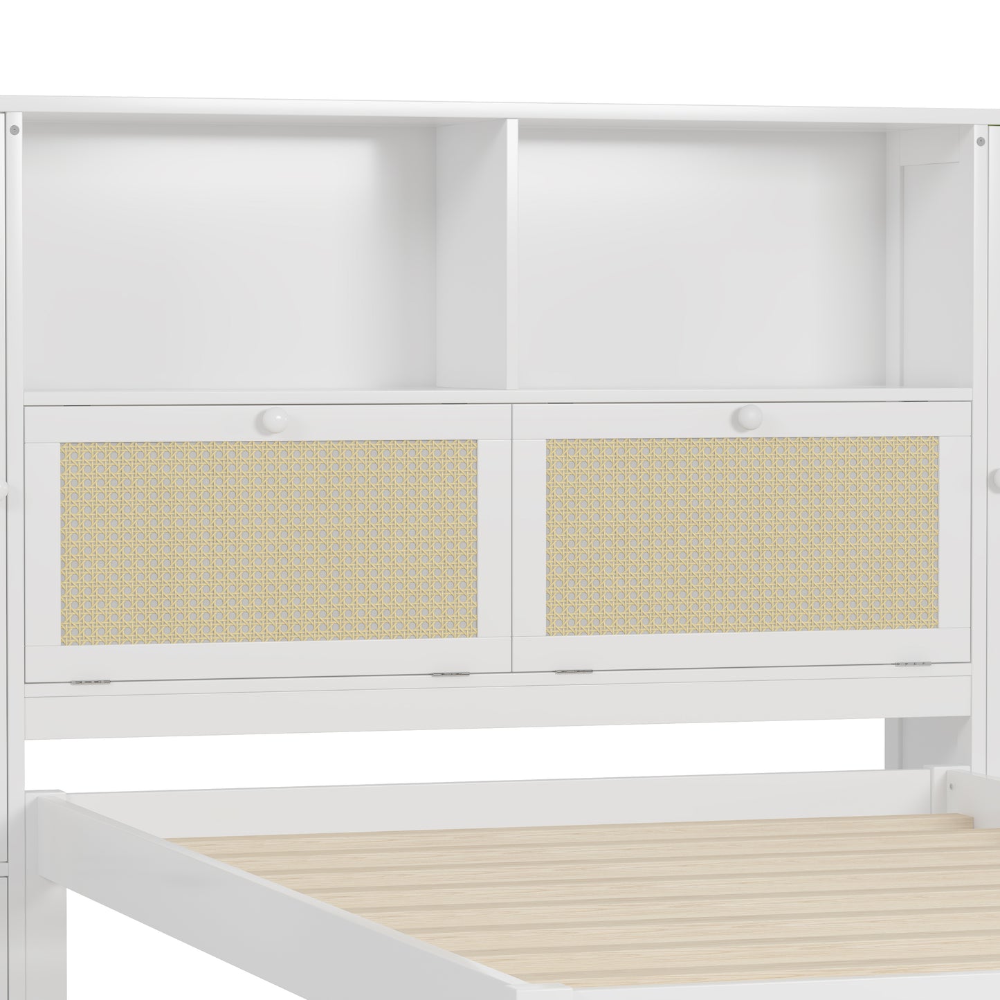 Twin Size Wooden Bed with Two Storage Lockers, Drawer, and Storage Shelf on Headboard, Multifunctional Platform Bed with Natural Rattan, White