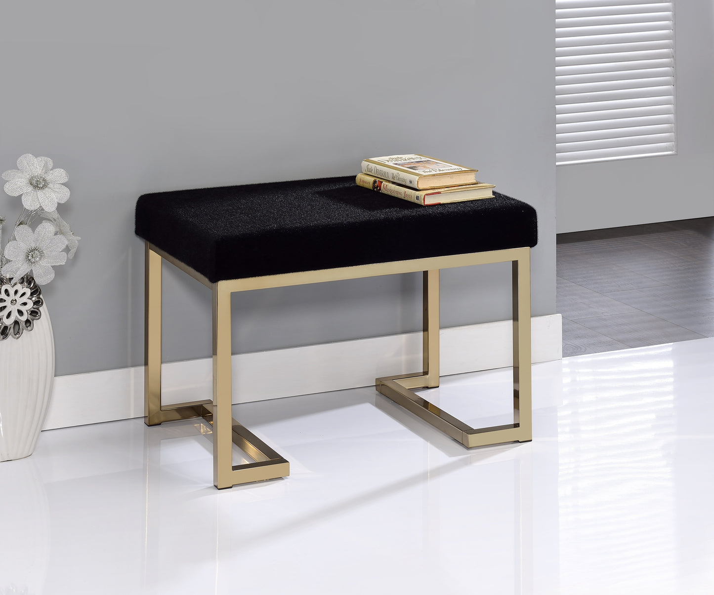 Boice Black Fabric & Champagne Finish Ottoman