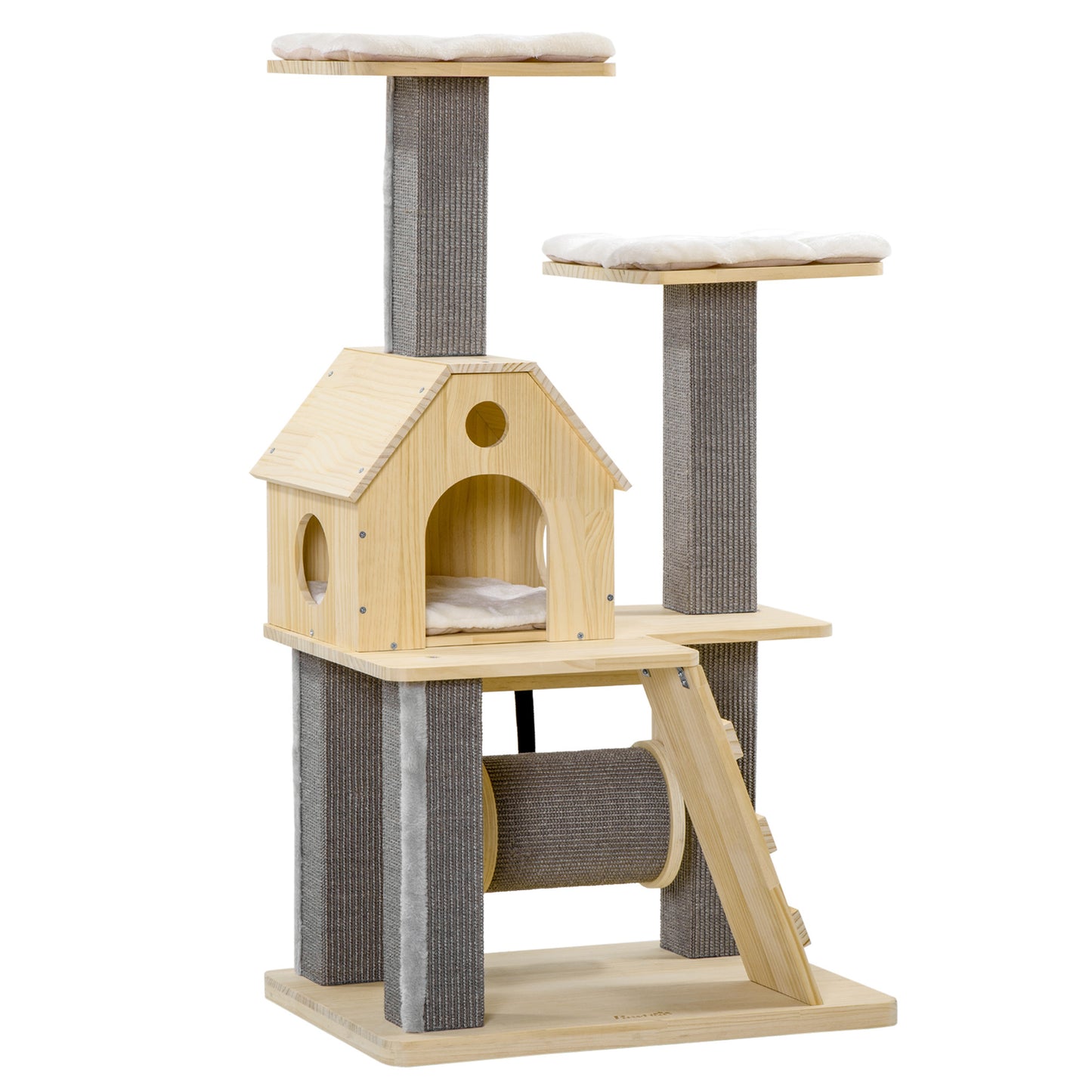 PawHut Cozy-House Cat Tree for Indoor Cats with Pillow-Covered Perches, Spinning Toy, Modern Climbing Activity Cat Tower with Scratching Posts, Cat Condo, Ladder, Natural