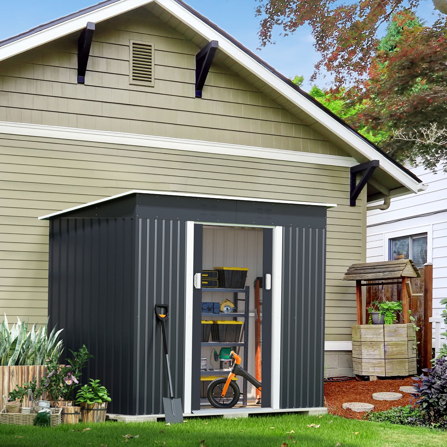 4.2 x 9.1 Ft Outdoor Storage Shed, Metal Tool Shed with Lockable Doors Vents, Utility Garden Shed for Patio Lawn Backyard, Dark Gray