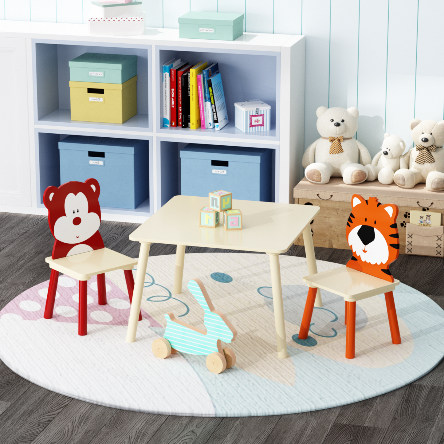 Kids Table and 2 Chairs Set, 3 Pieces Toddler Table and Chair Set, Wooden Activity Play Table Set (Bear&Tiger)