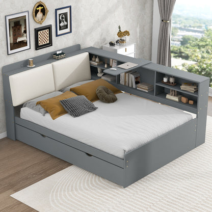 Wood Full Size platform bed with Trundle, Shelves and Storage Headboard, Gray