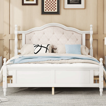 Queen Pine wooden Bed with Upholstered Headboard  and Panel Footboard, with  Two Bed Rail Support Feet and Central Platform Support Feet ,White