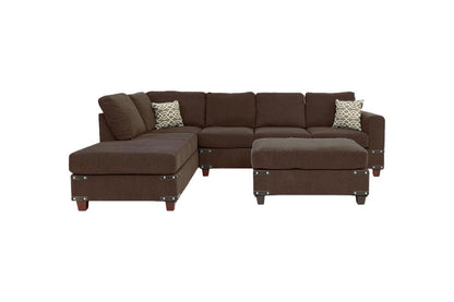 Living Room Furniture Chocolate Chenille Sectional w Ottoman Linen Like Fabric Sofa Reversible L/R Chaise Ottoman 3pc Sectional Sofa