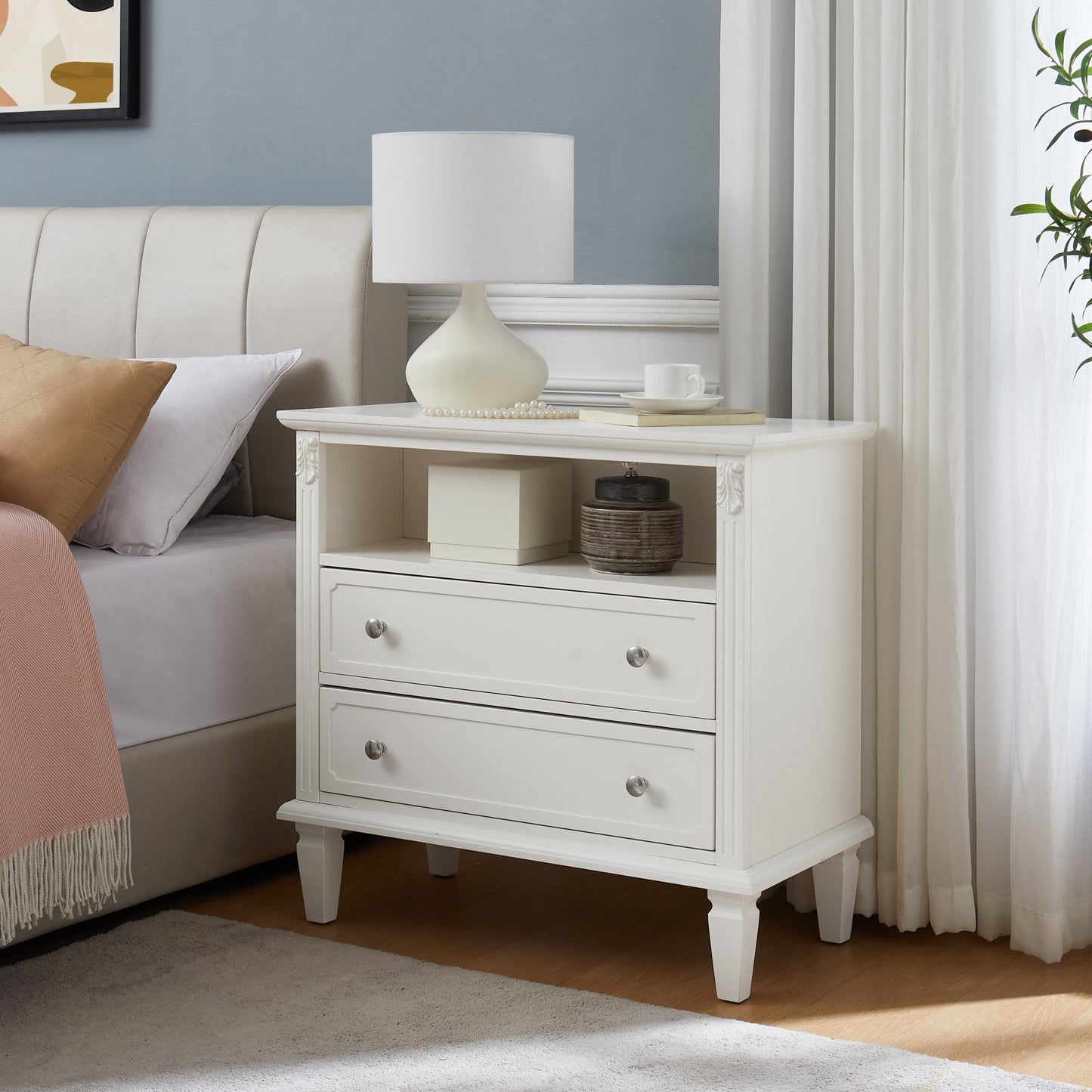 Open Space and 2 Drawers Dresser Nightstand with Charging Station, Farmhouse End Table with USB Ports and Outlets, Fluted Pilasters Design Side Table with Solid Wood Legs for Bedroom