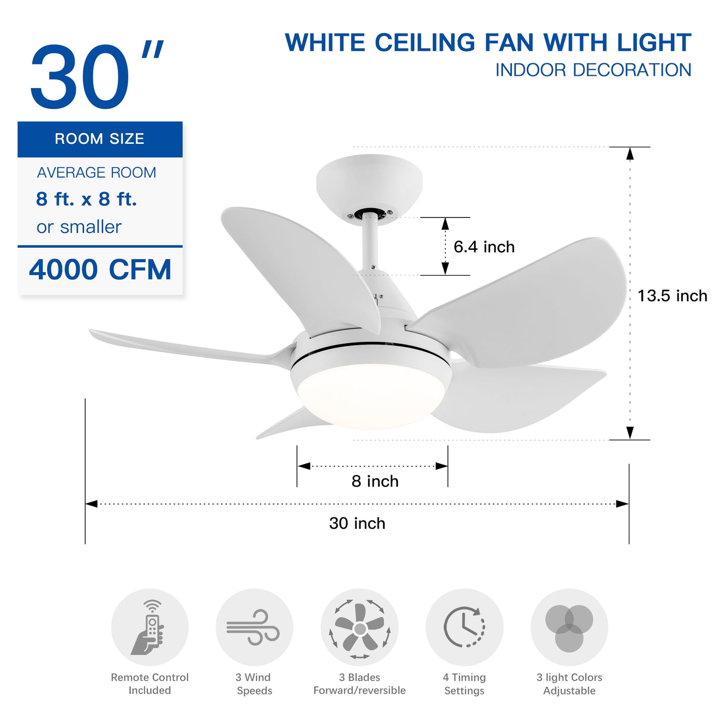 30 In Intergrated LED Ceiling Fan Lighting with White ABS Blade