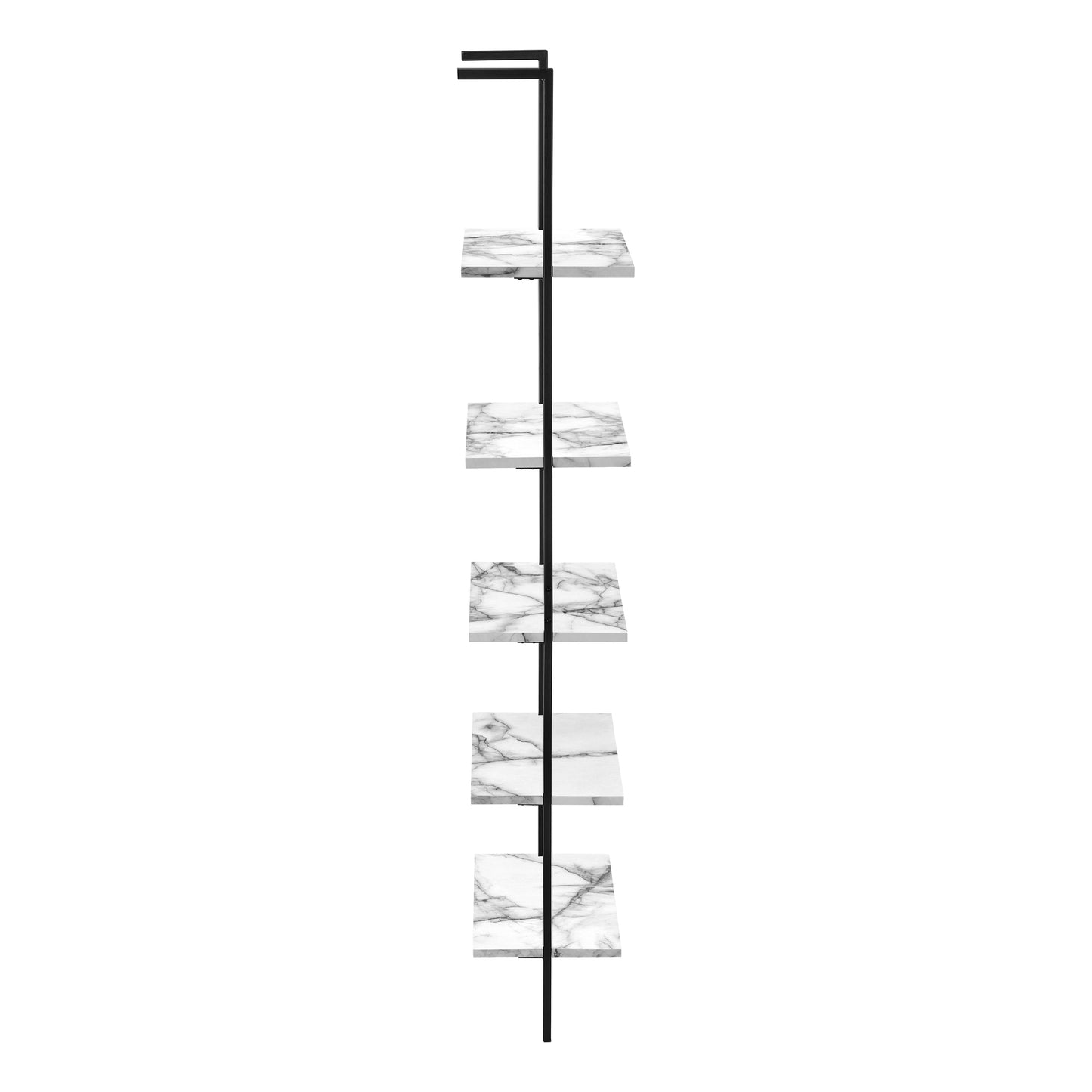 Bookshelf, Bookcase, Etagere, Ladder, 5 Tier, 72"h, Office, Bedroom, White Marble Look Laminate, Black Metal, Contemporary, Modern