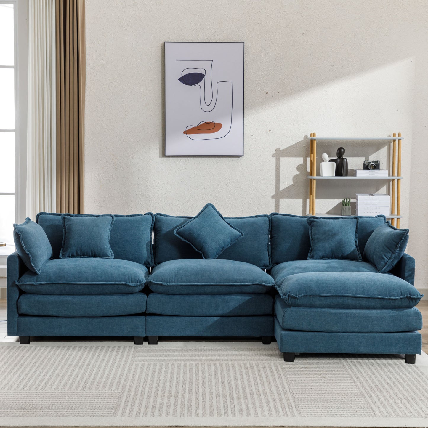 112.2" L-Shape Chenille Upholstered Sofa for Living Room Modern Luxury Sofa Couch with Ottoman, 5 Pillows, Blue