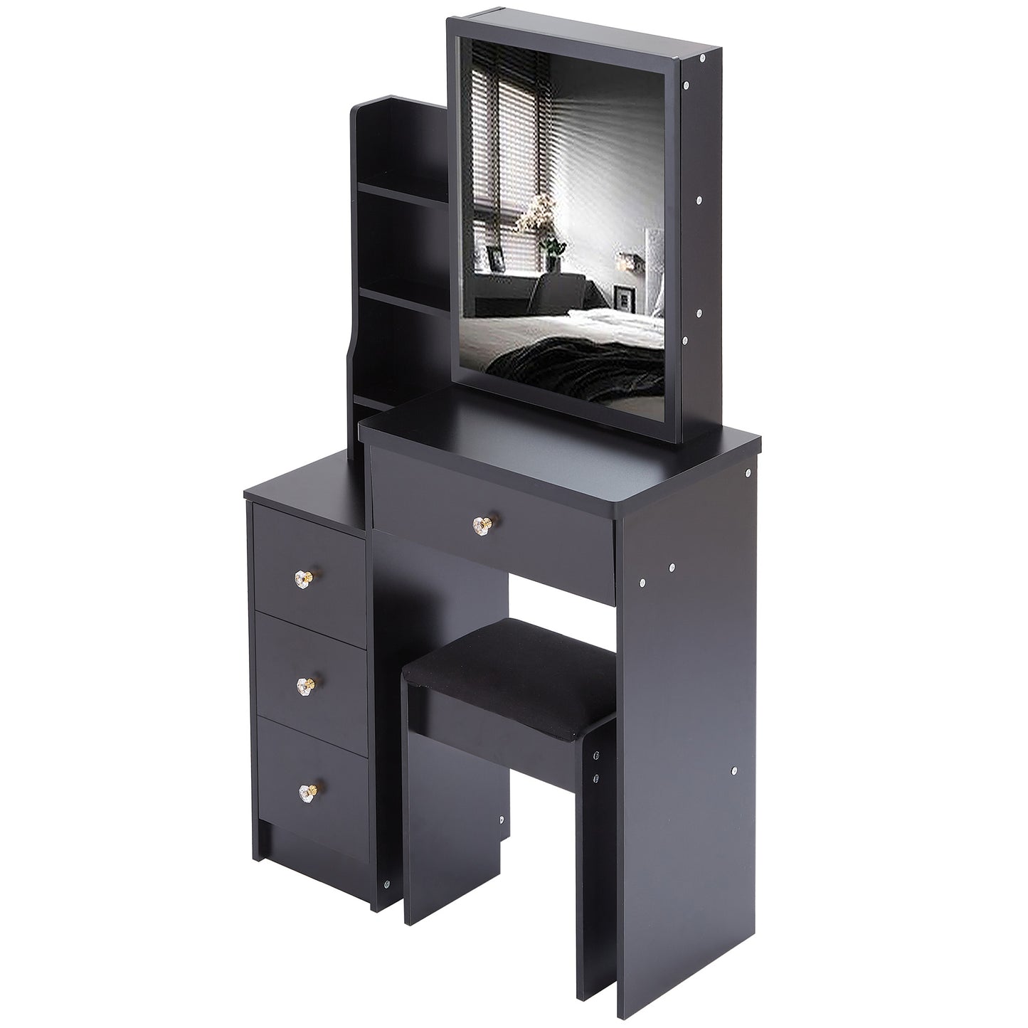 Small Size Left Bedside Cabinet Vanity Table + Cushioned Stool, Extra Large Sliding Mirror, Multi Layer, High Capacity Storage Fashionable Dresser, Suitable for Small Space, EPA,GCC,UL Certificate