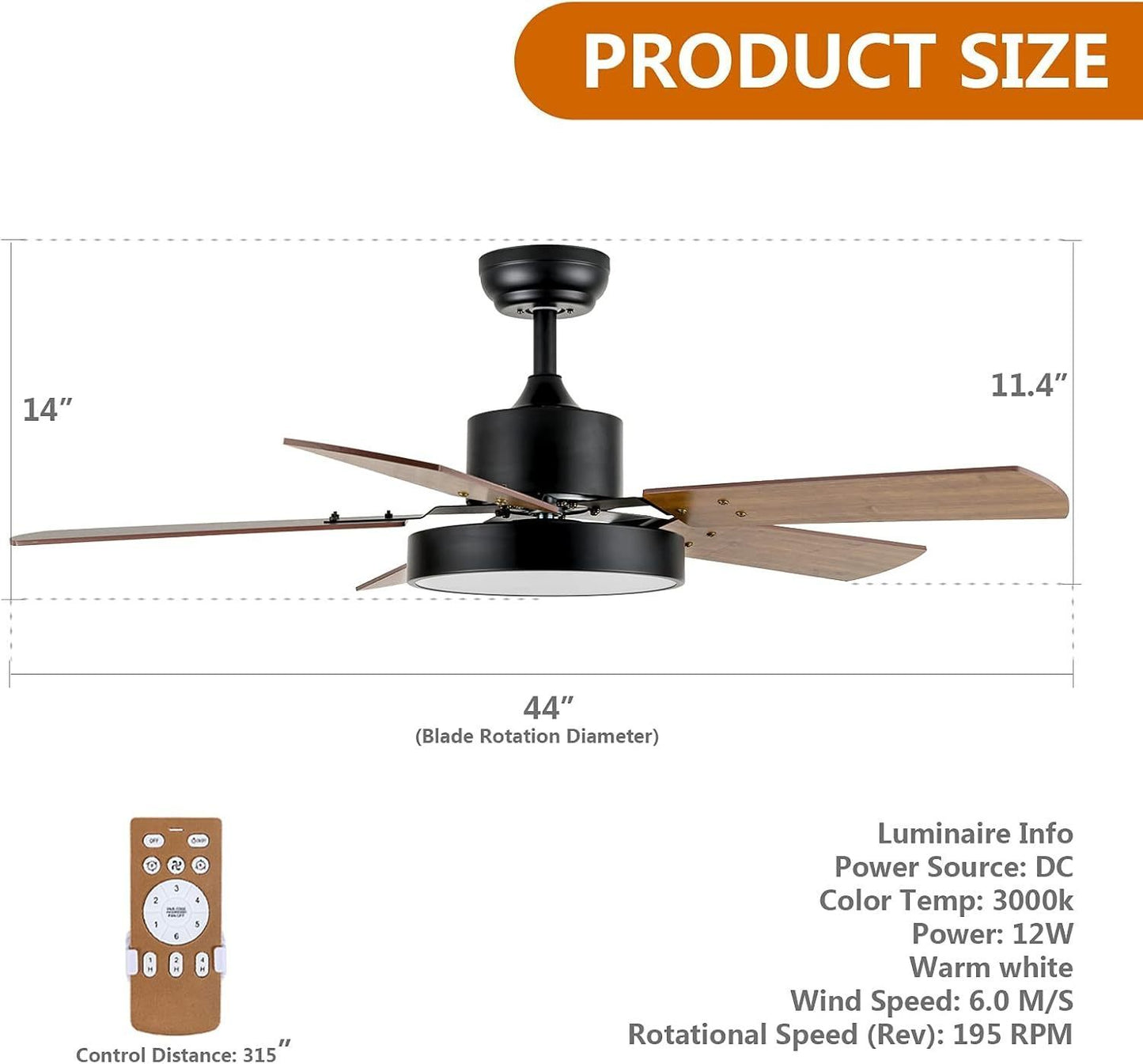 44-inch Ceiling Fan with LED Light and Remote Control, 6-Speed Modes, 2 Rotating Modes, Timer, Improved Blades