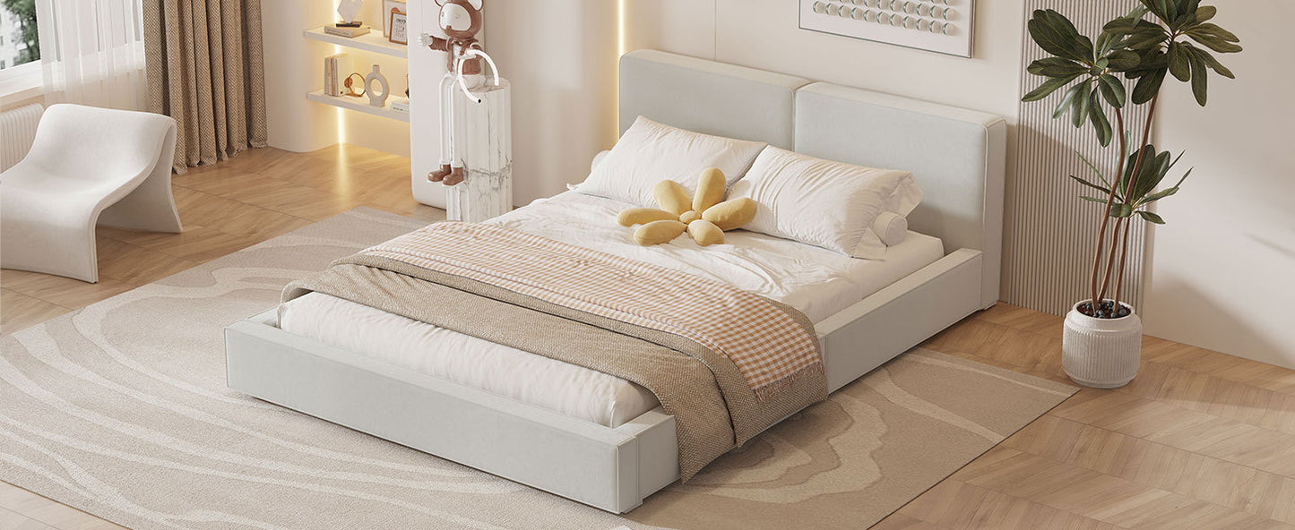 Queen Size Upholstered Platform Bed with Velvet Fabric, Grounded Bed with Solid Frame, Beige