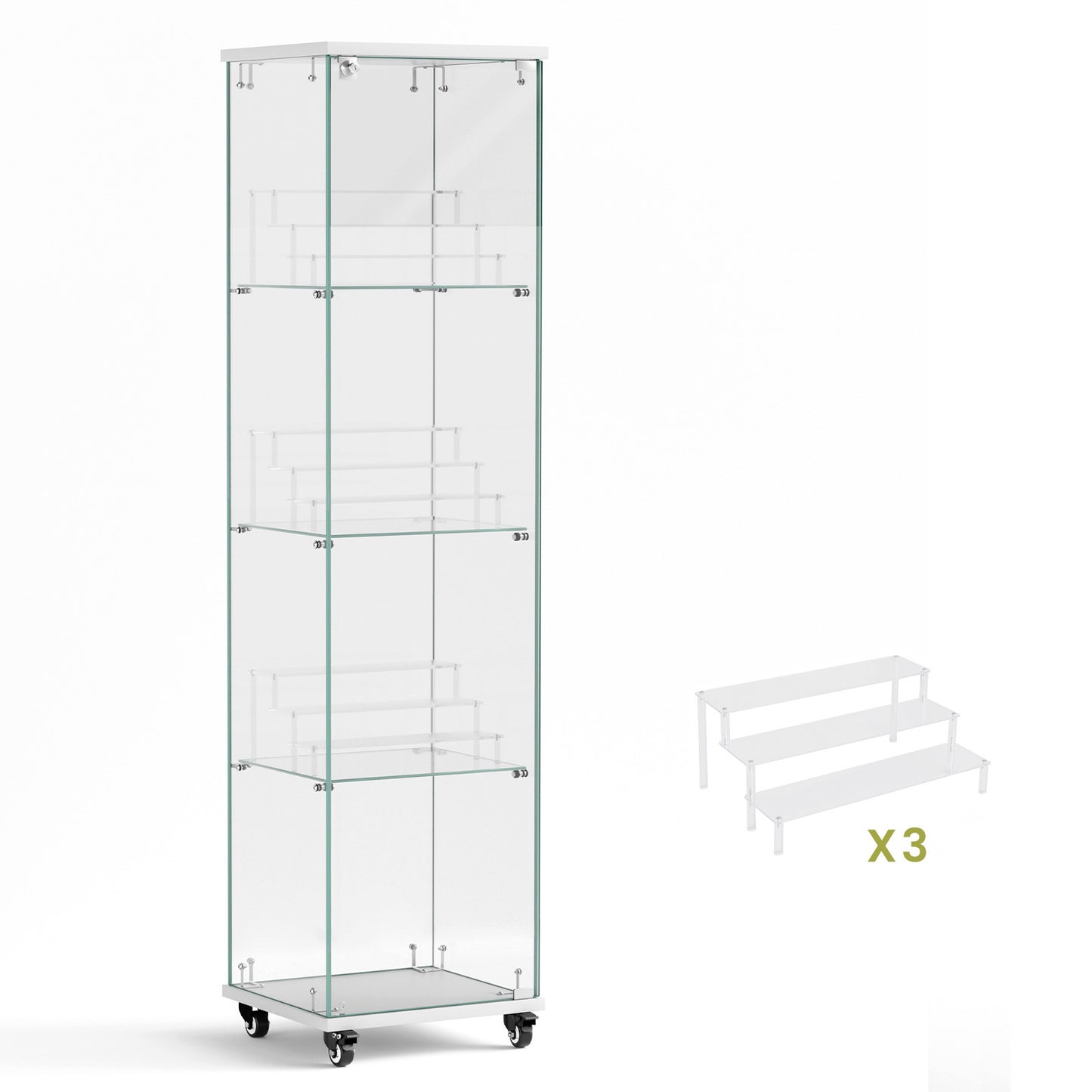 4 Tier Glass Display Cabinet, Single Door Glass Cabinet with Lock and Wheels, Floor Standing Storage Cabinet with 3 Acrylic Shelves for Living Room, Bedroom and Office, White, 15.8"L x 14.2"W x 65.1"H