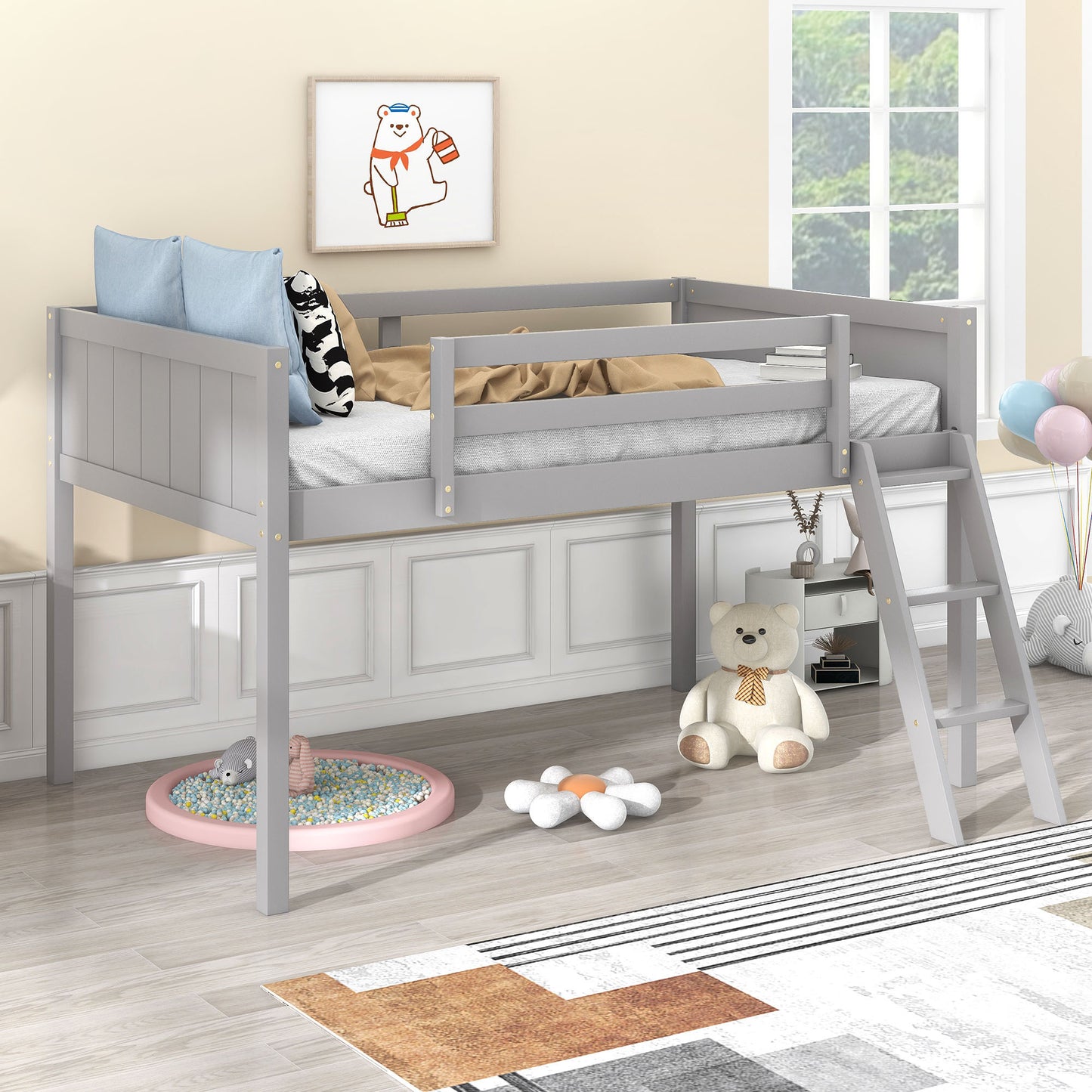 Twin Size Wood Low Loft Bed with Ladder, ladder can be placed on the left or right, Gray