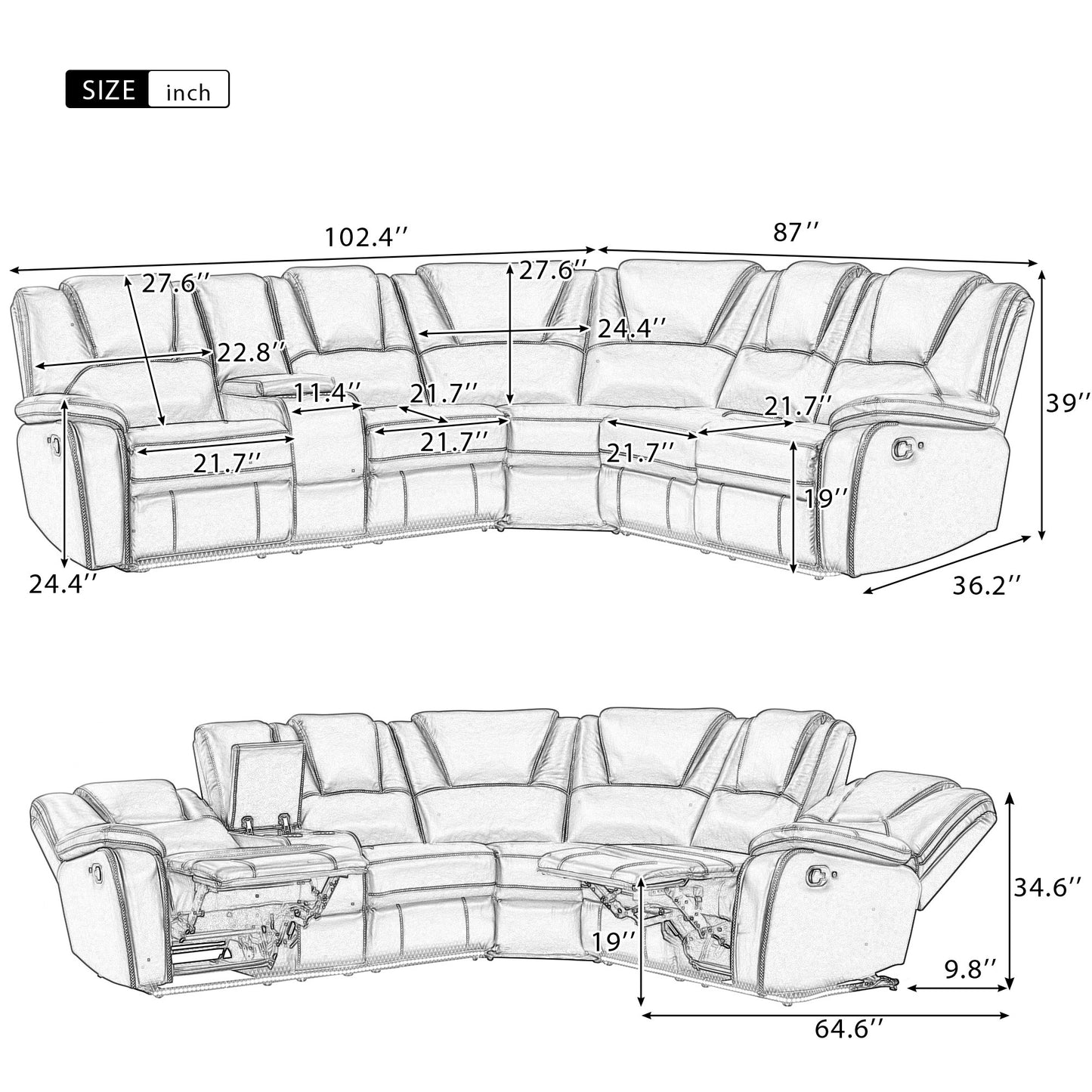 Modern Faux Leather Manual Reclining with Center Console with LED Light Strip,Living Room Furniture Set,PU Symmetrical Couch with 2 Cup Holders and Storage for Living room,Black