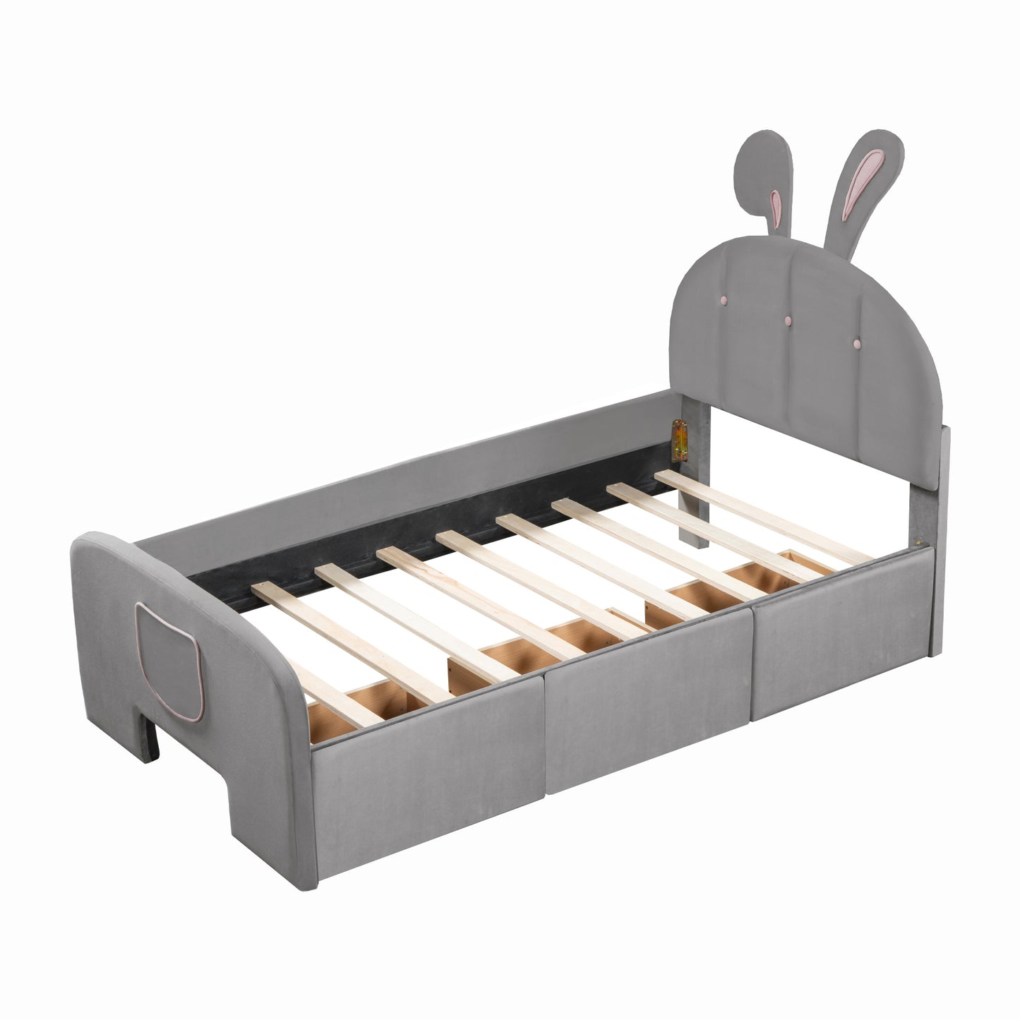 Twin Size Velvet Platform Bed with Rabbit-Shaped Headboard, with Drawers, with Bed-End Storage Pocket, Gray