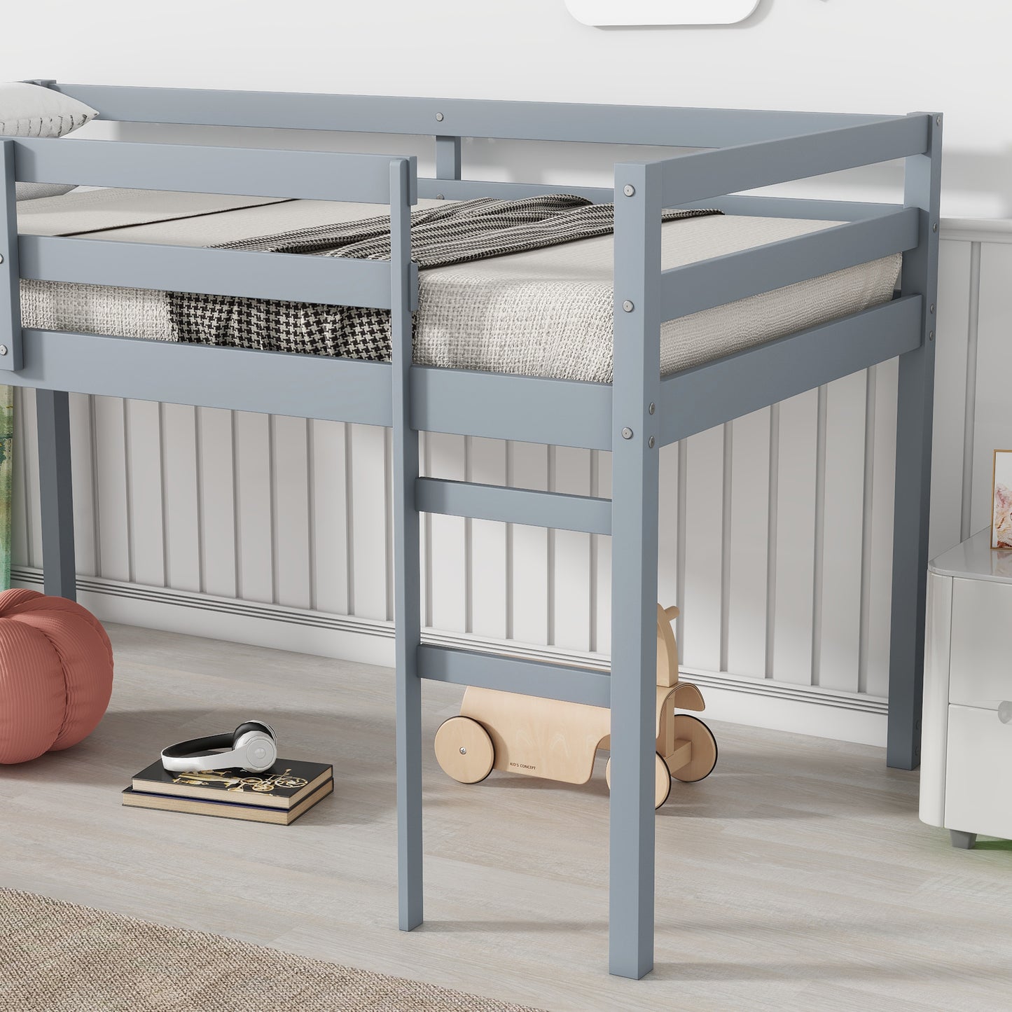 Solid Wooden, Rubber Wooden Twin Loft Bed with Ladder, Bed Platform of Strengthened Slats , Grey