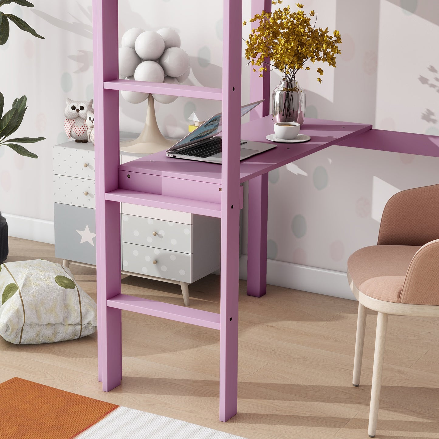 Twin High Loft Bed, Rubber Wood  Loft Bed with Safety Guardrail, built-in desk, ladder,Pink