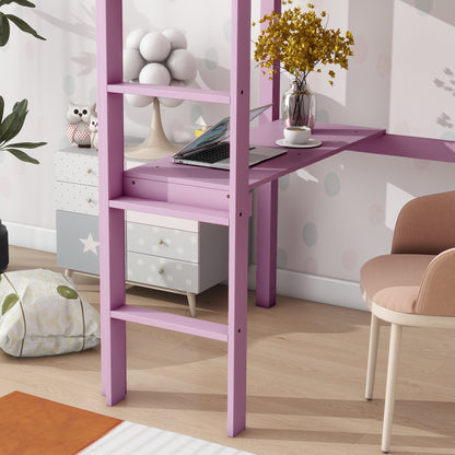 Twin High Loft Bed, Rubber Wood  Loft Bed with Safety Guardrail, built-in desk, ladder,Pink