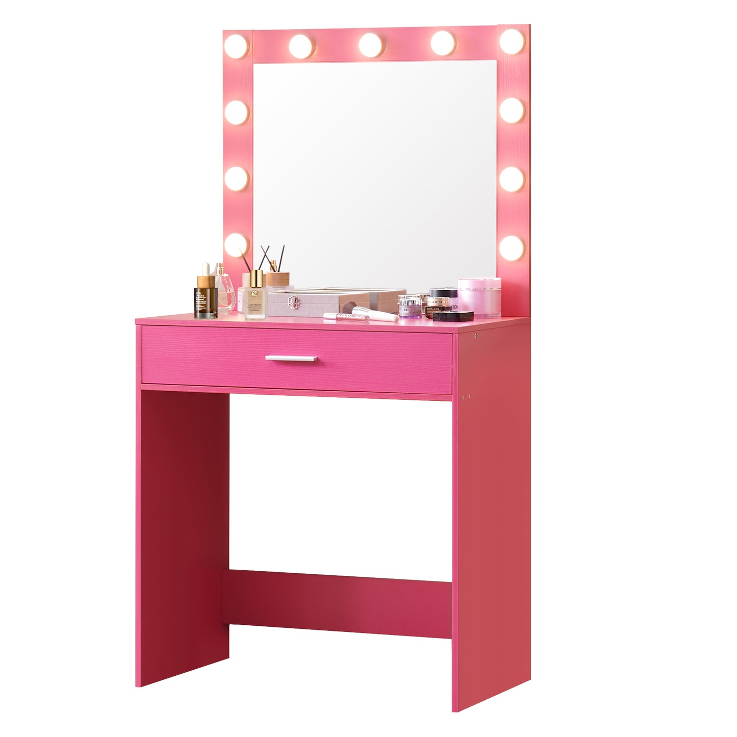 Vanity Desk with Mirror and Lights, Dressing Table with Large Drawer, 1 Level Storage Dresser & 3 Lighting Modes Adjustable Brightness, Suitable for Bedroom(Pink)