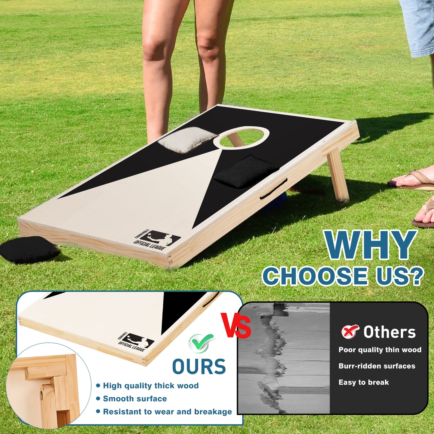 Solid Wood Premium Cornhole Set -  3 Feet x 2 Feet Game Boards, Includes Set of 8 Corn Hole Toss Bags