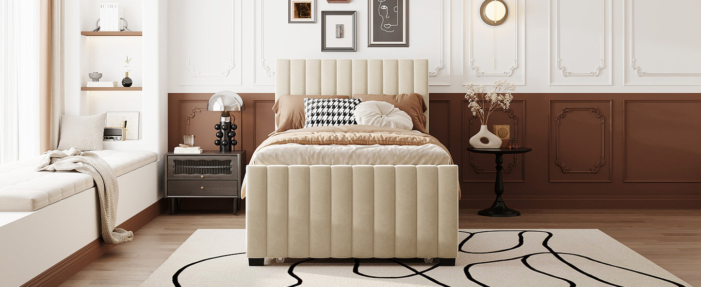 Twin Size Velvet Upholstered Platform Bed with Twin Size Trundle, Beige