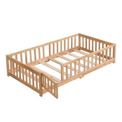 Queen Size Floor Bed with Door, Solid Wood Platform Bed Frame with Fence , Suitable for children , Pine Wood , Natural