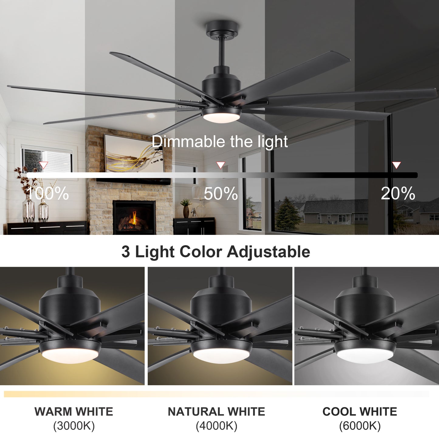 72'' Indoor Smart Black Ceiling Fan with LED light and App Remote Control